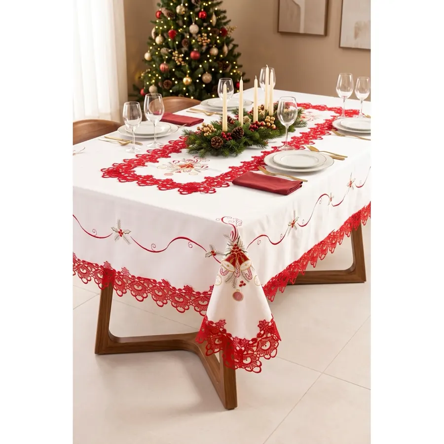 Toalha de mesa natalina de renda guipir com bordado 102